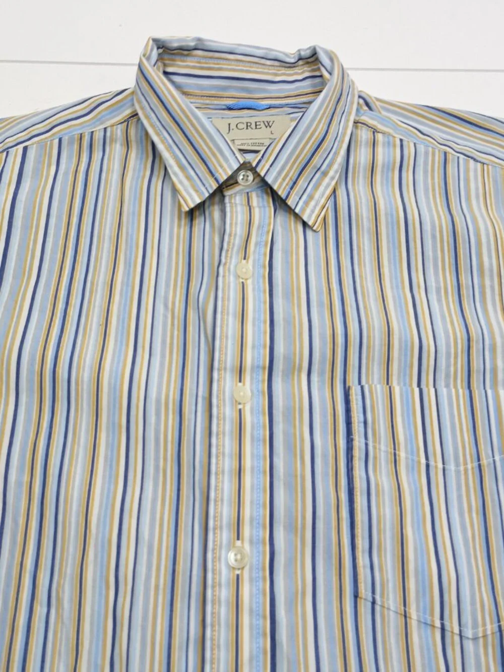 J.Crew Striped Button Front Shirt Mens L Blue Yellow Cotton Casual Preppy Pocket